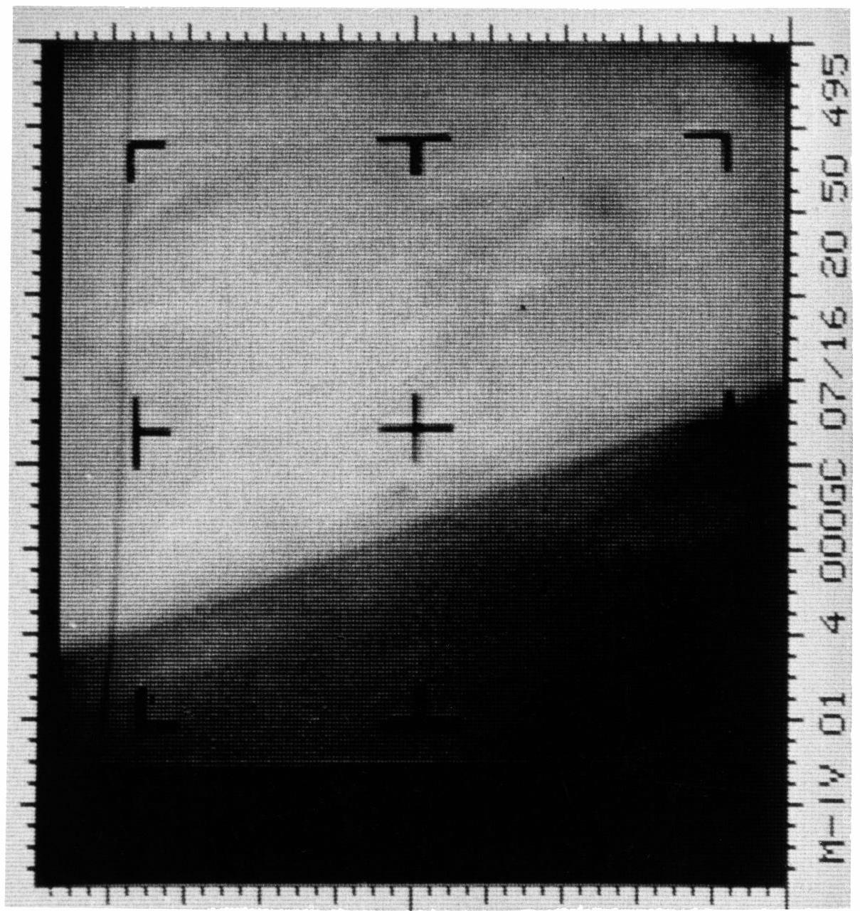 Mariner 4 first television image of Mars, 15 July 1965: cratered ground, no canals.
