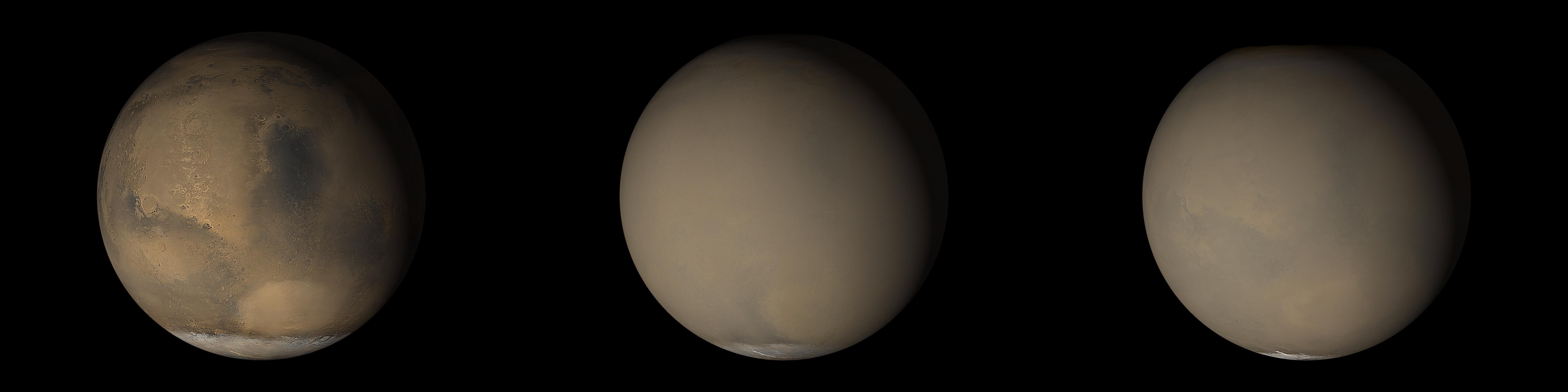A dust storm wrapping the planet Mars.