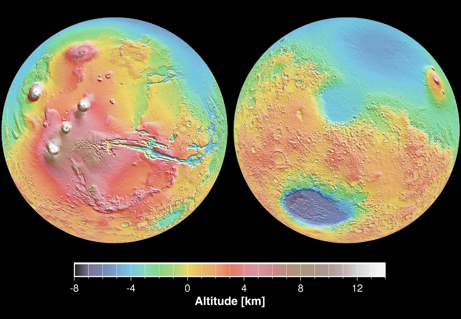 False-colour topographic map of Mars from MOLA altimetry. Colour is elevation, not the visible surface.