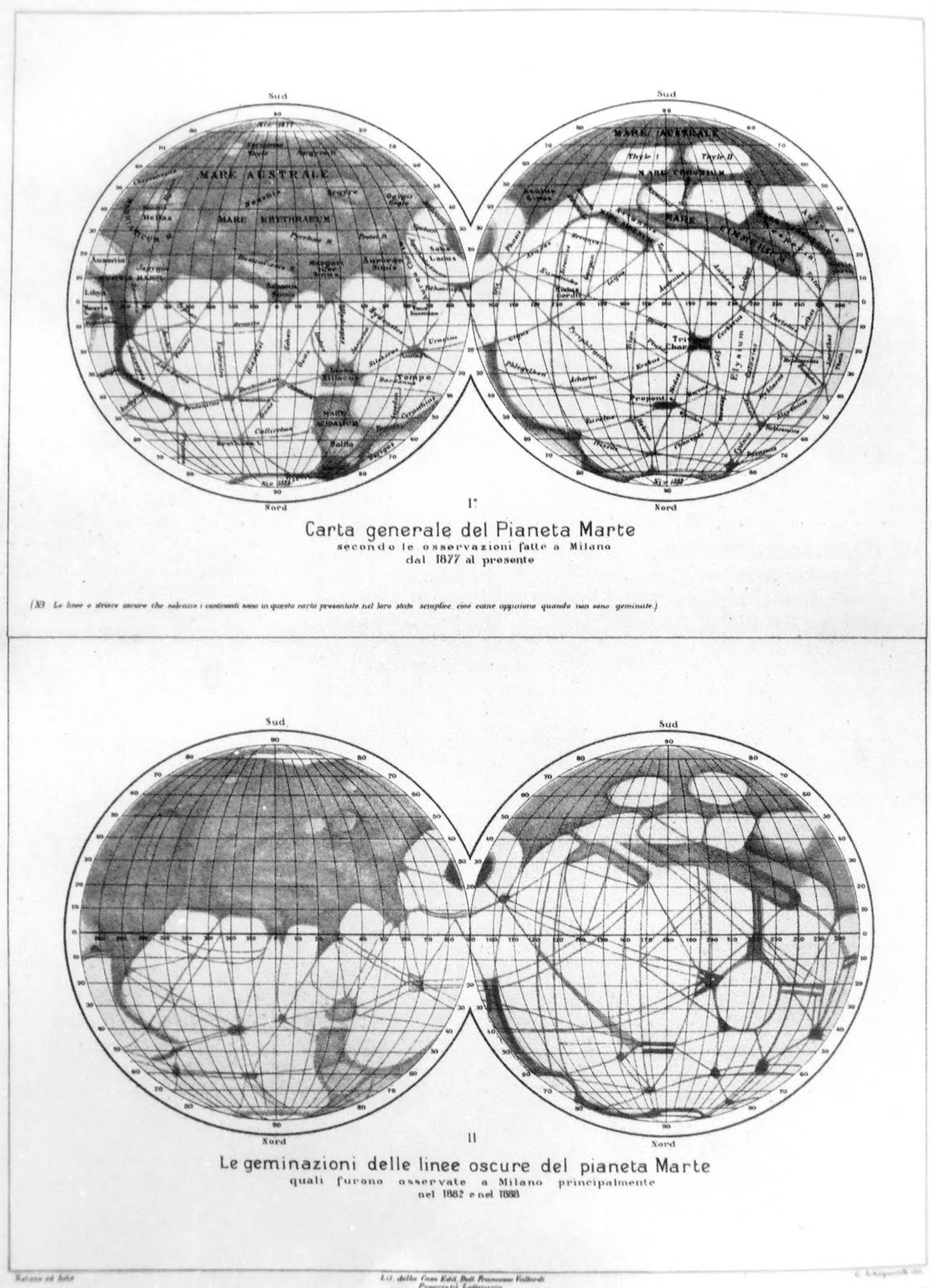 Schiaparelli’s maps of Mars, 1877, 1882 and 1888, the linear canali drawn as a net across the disc.